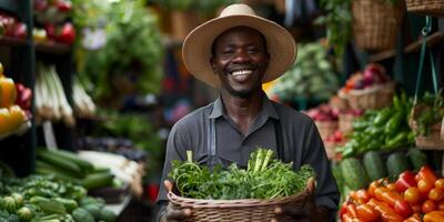 granjero participación vegetales y frutas en su manos foto