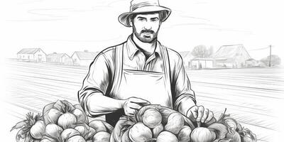 Farmer holding vegetables and fruits in his hands photo