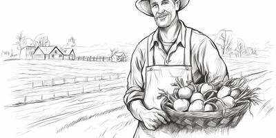 Farmer holding vegetables and fruits in his hands photo