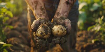 Farmer holding vegetables and fruits in his hands photo