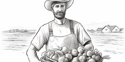 Farmer holding vegetables and fruits in his hands photo