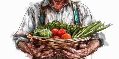 Farmer holding vegetables and fruits in his hands photo