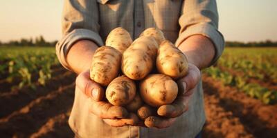 granjero participación vegetales y frutas en su manos foto