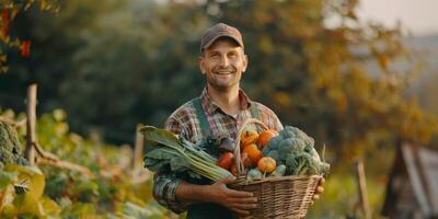 Farmer holding vegetables and fruits in his hands photo