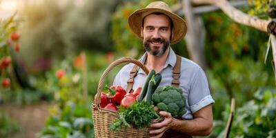 Farmer holding vegetables and fruits in his hands photo