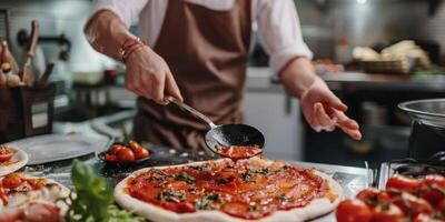 cocinero haciendo Pizza de cerca foto