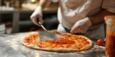 cocinero haciendo Pizza de cerca foto