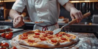 cocinero haciendo Pizza de cerca foto