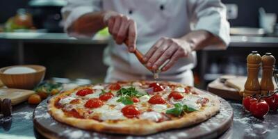 cocinero haciendo Pizza de cerca foto