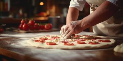 cocinero haciendo Pizza de cerca foto