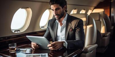 Arab businessman in a business jet photo