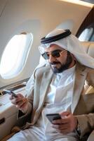 Arab businessman in a business jet photo