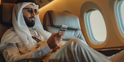 Arab businessman in a business jet photo