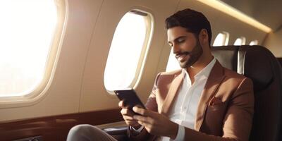 Arab businessman in a business jet photo