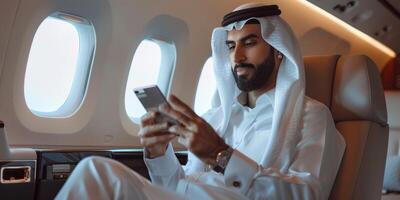 Arab businessman in a business jet photo