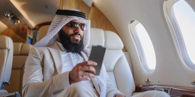 Arab businessman in a business jet photo