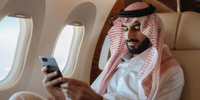 Arab businessman in a business jet photo