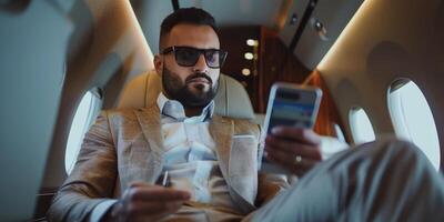 Arab businessman in a business jet photo