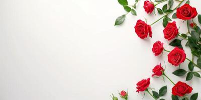 bouquet of red roses on the bed photo