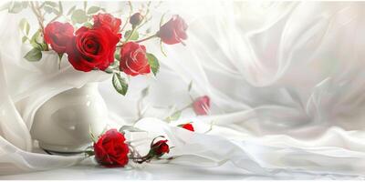 bouquet of red roses on the bed photo