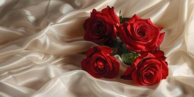 bouquet of red roses on the bed photo