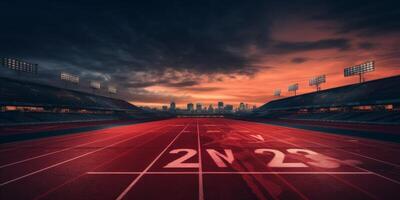 Red running track at the stadium photo