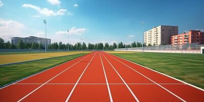 Red running track at the stadium photo