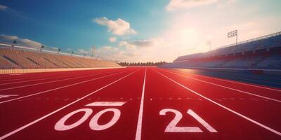 Red running track at the stadium photo