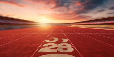 Red running track at the stadium photo