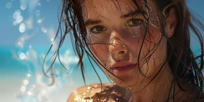 girl in a hat on the seashore photo