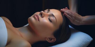 woman in spa salon working with facial skin photo