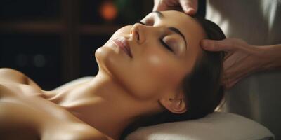 woman in spa salon working with facial skin photo