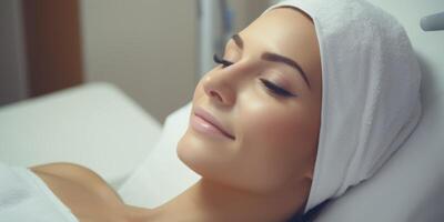 mujer en spa salón trabajando con facial piel foto