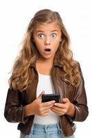 surprised girl with phone photo