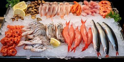 fresh seafood on market stalls photo