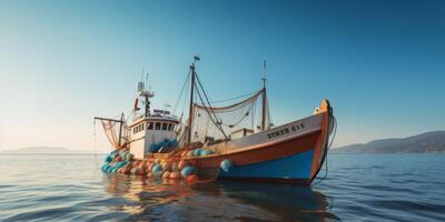 catching seafood in the ocean on boats photo