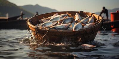 catching seafood in the ocean on boats photo