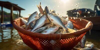 catching seafood in the ocean on boats photo