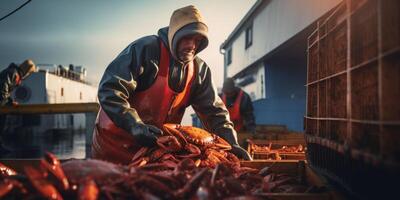 catching seafood in the ocean on boats photo