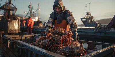 catching seafood in the ocean on boats photo