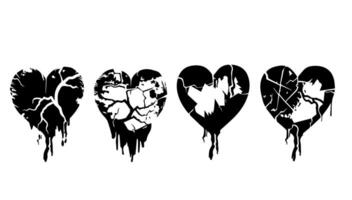 Broken heart gothic set illustration. Love symbol romance emo and sticker icon isolated white. Fashion shape silhouette abstract art and grunge decoration vector