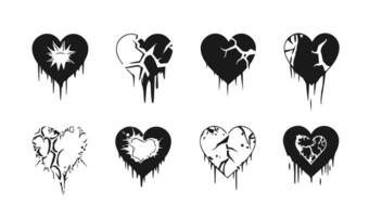 roto corazón gótico conjunto ilustración. amor símbolo romance emo y pegatina icono aislado blanco. Moda forma silueta resumen Arte y grunge decoración dibujos animados vector