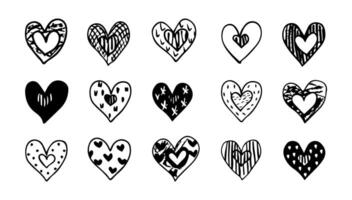 Doodle heart set illustration. Art symbol design icon love and decoration element. Shape collection romance and valentine. Drawing cartoon scribble drawing of simple concept vector