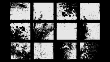 Grunge black texture raw dirty background set illustration black and white. Abstract element art and messy splash and scratch pattern concept distressed vector