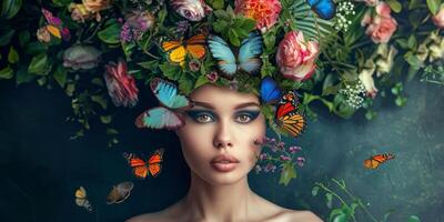 young woman with a wreath of flowers on her head photo