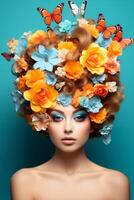 young woman with a wreath of flowers on her head photo