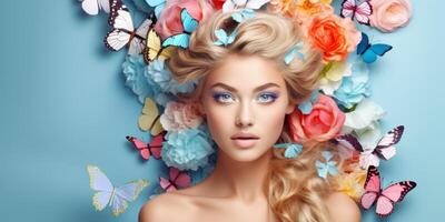 young woman with a wreath of flowers on her head photo