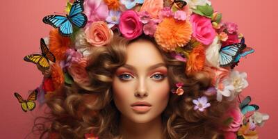 young woman with a wreath of flowers on her head photo