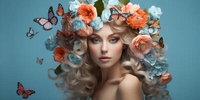 young woman with a wreath of flowers on her head photo