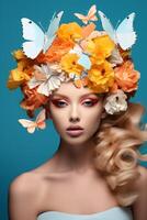 young woman with a wreath of flowers on her head photo